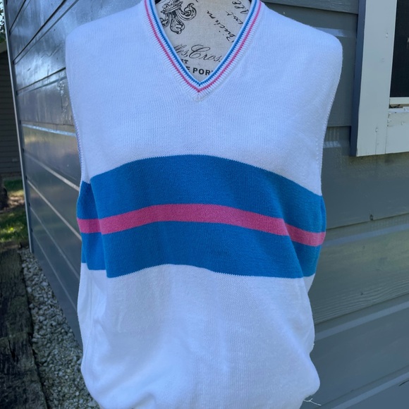 Vintage Titleist V-Neck Sweater Vest in White with Blue and Pink Stripes - Picture 1 of 4